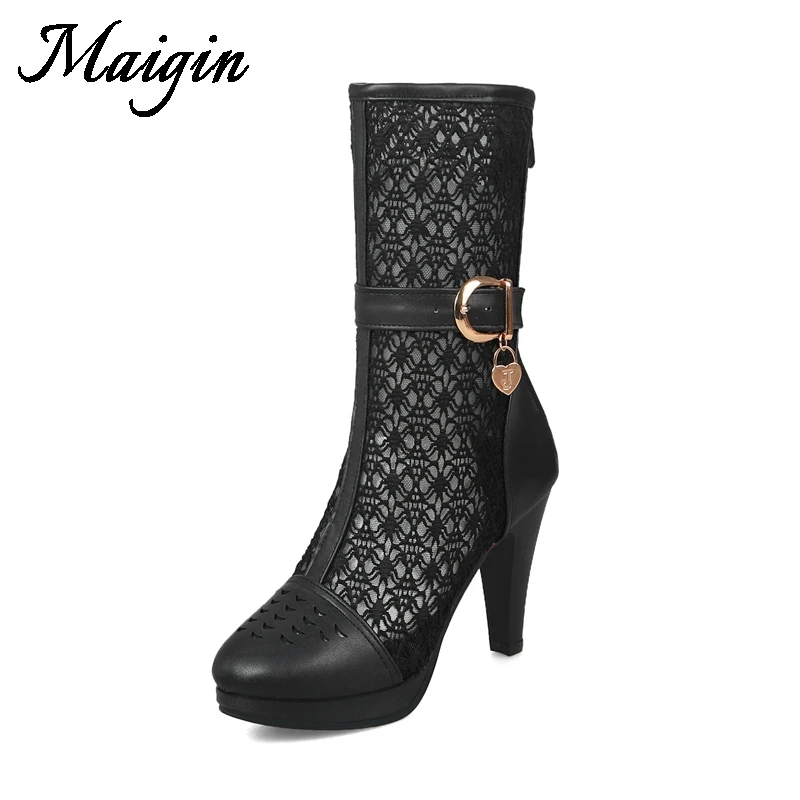 Maigin 2018 New Mid-Calf Boots Women Round Toe High Heels Sandals Women Breathable Platform Shoes Button Lace Summer Boots