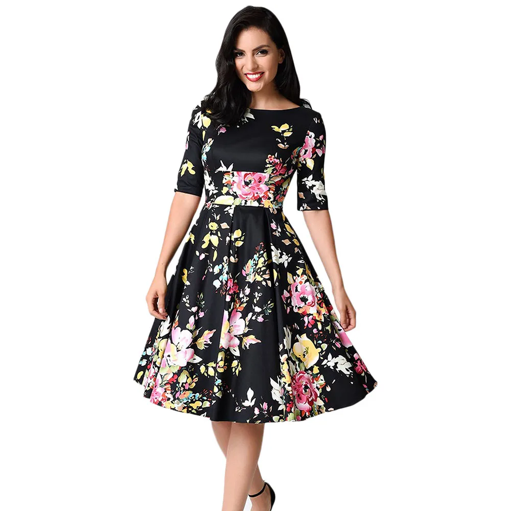 Black-Vintage-Style-Floral-Half-Sleeve-Swing-Dress-LC61702-2-23926
