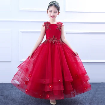 

Luxury Wine Red Flower Girl Dress First Communion Dress Children Summer Ball Gown Sleeveless Princess Dress Floor Length A124