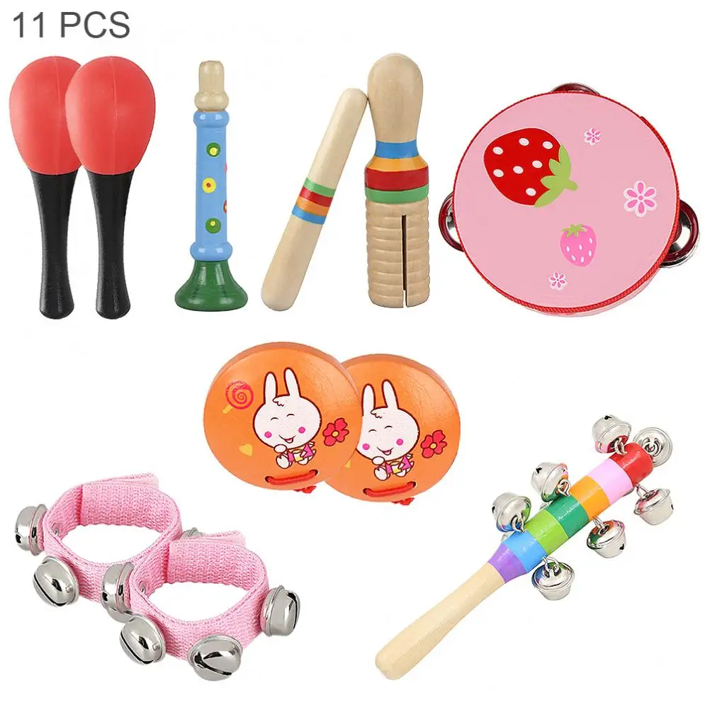 11 قطعة أورف قرع الموسيقية مجموعة أدوات 4 بوصة الدف Maracas المعصم أجراس مختلط كيت للأطفال الطفل الموسيقى التدريس
