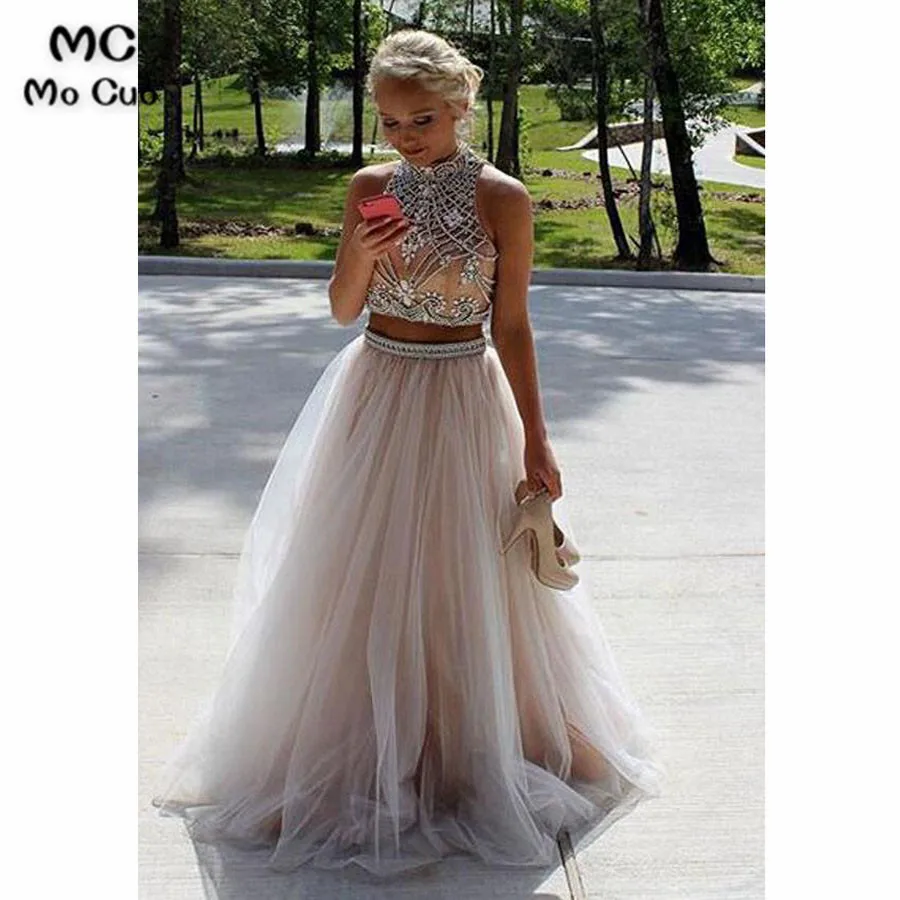 

2018 Two Pieces Gown Prom Dresses Long with Crystals by Hand Backless Tulle Formal Evening Party Dress 100% Real
