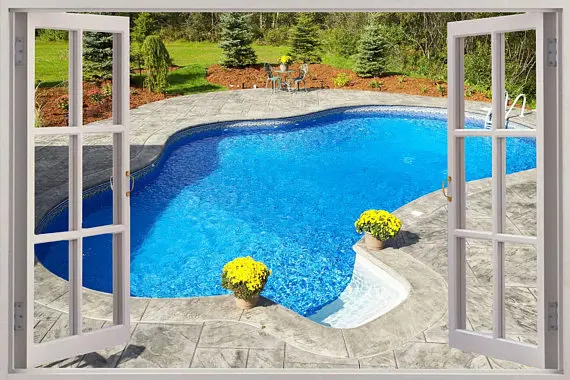 

3D Window View WALL STICKERS Swimming Pool Wall Decal Sticker Frame Mural Effect Home Decor Bedroom Living Room Kitchen