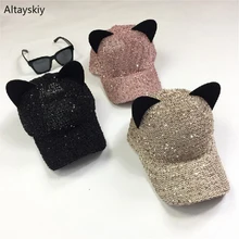 Бейсбольная кепка s Женская Kawaii вязаная дышащая регулируемая Женская кепка с пайетками модные милые, в Корейском стиле универсальные Мультяшные кошачьи уши
