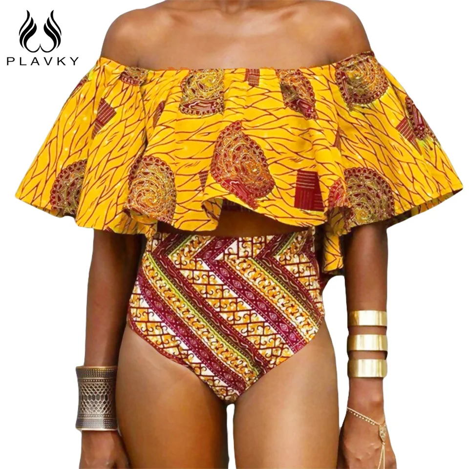 

PLAVKY Sexy Yellow Aztec Striped Ruffled Off Shoulder Biquini African Bathing Suit Swimsuit Swimwear Women High Waist Bikini Set