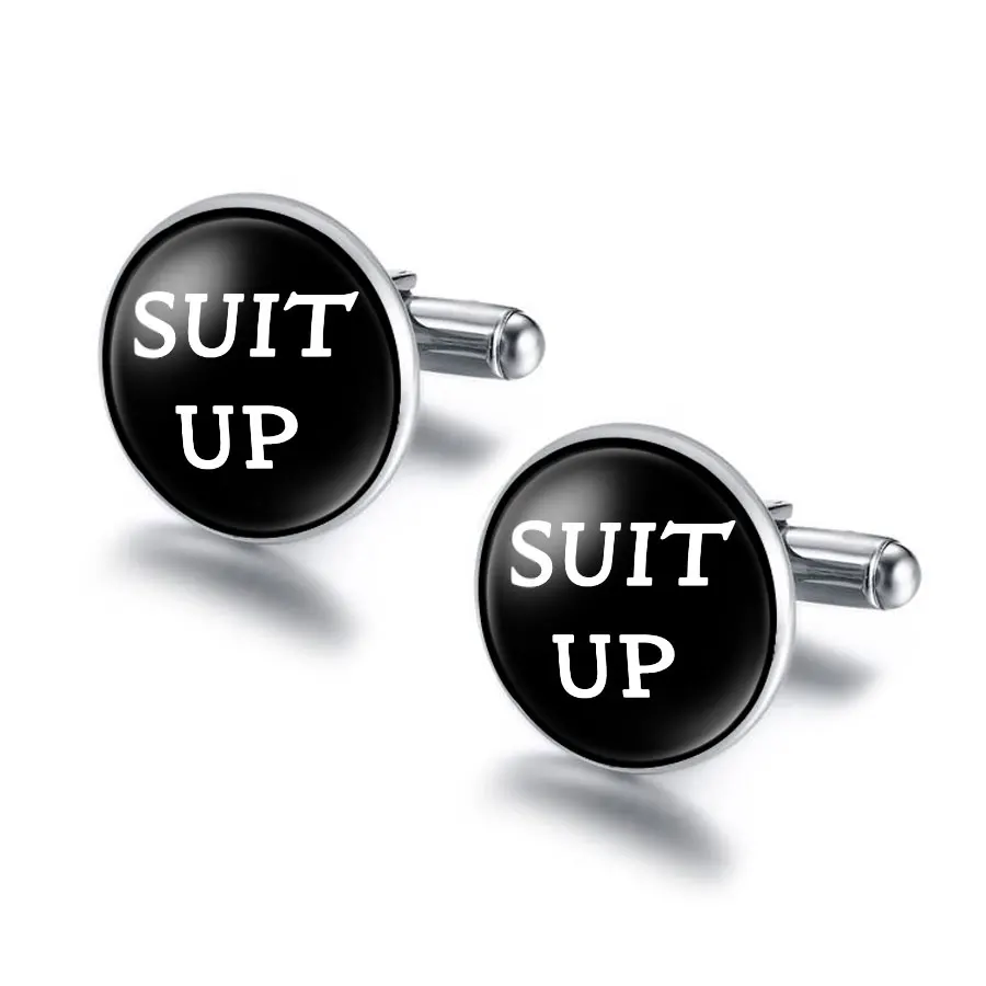 NingXiang Simple Style SUIT UP Letter Glass Cabochon Cuff Links Set Black and White Cuff Button for Mens Shirt Best Jewelry Gift