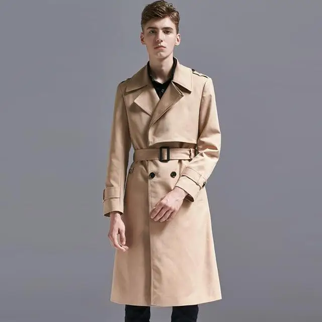 Minglu Мужское пальто длинное Плюс Размер 6xl одноцветное цвет двубортное британское Мужское пальто с поясом модные новые куртки мужские тренчи - Цвет: KHAKI