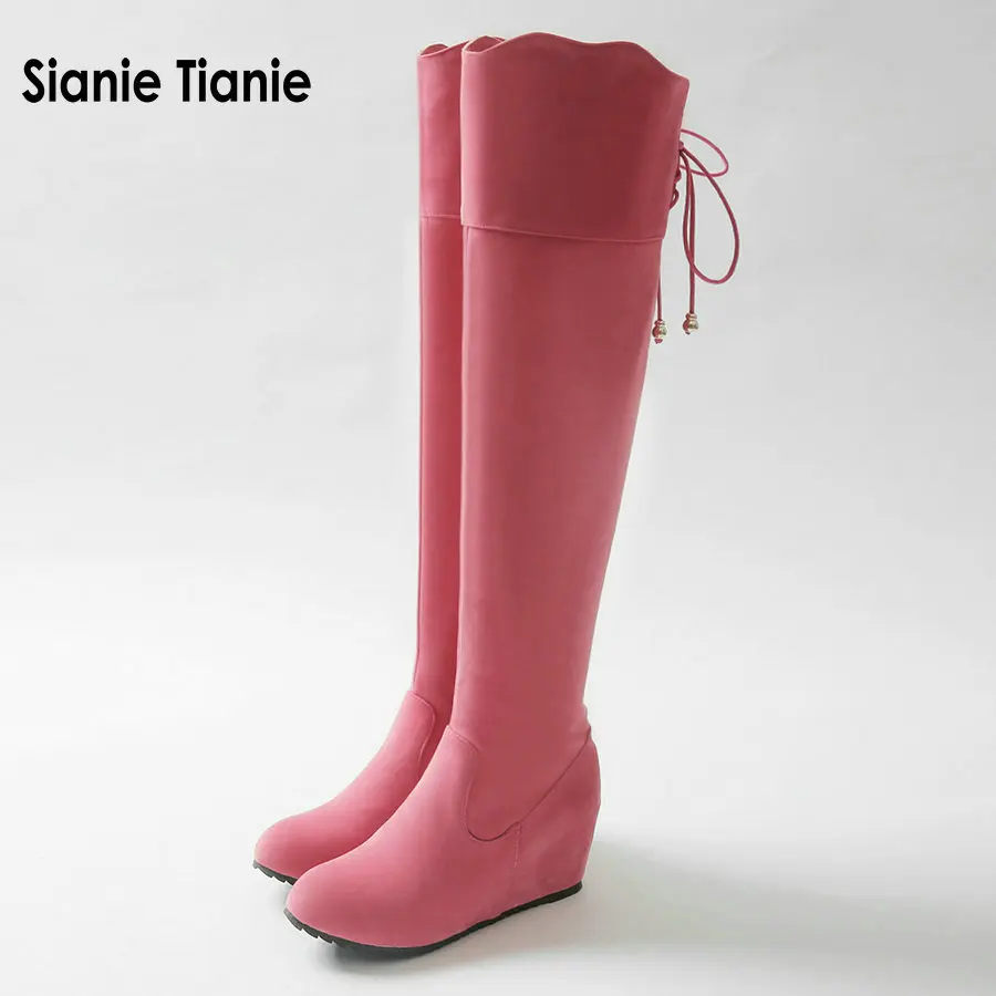 

Sianie Tianie Women Boots Faux Suede Knee High Long Boots Hidden Heel Boots Lace-up Woman Winter High Boots Shoes big size 34-43
