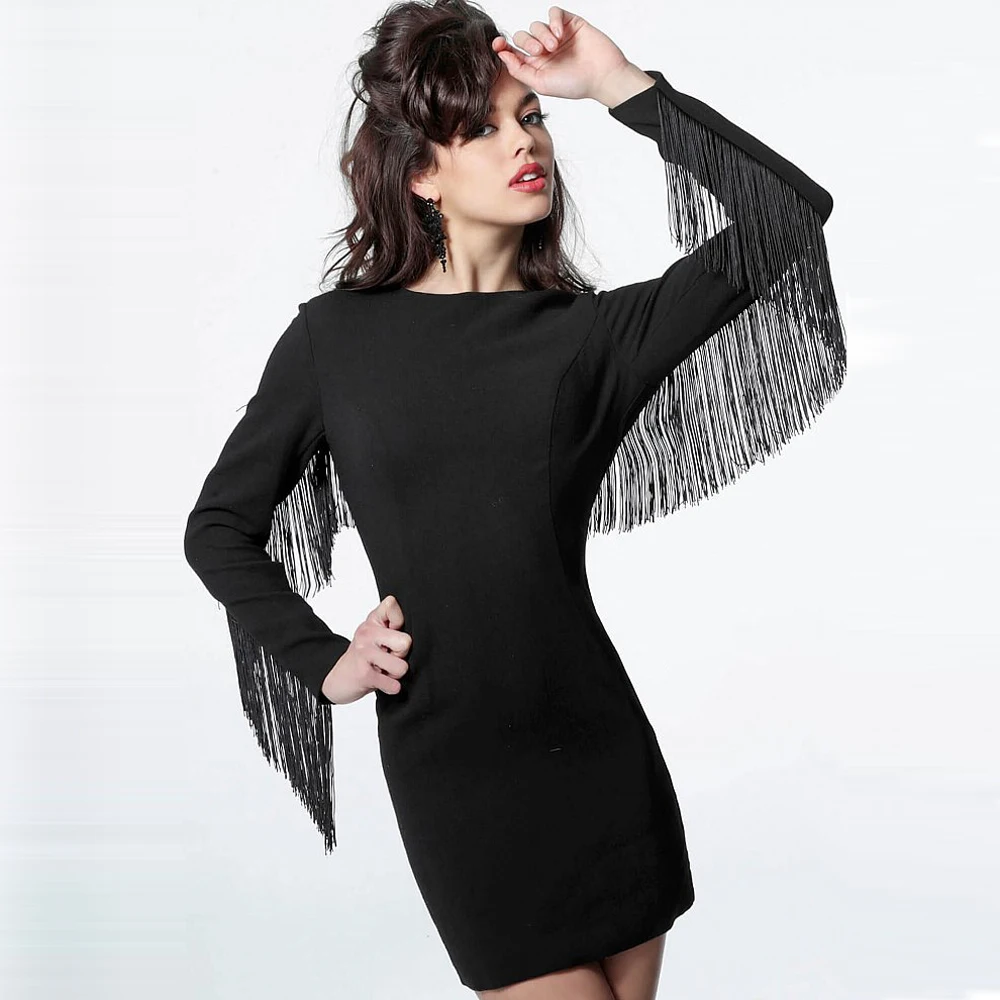 Image Bodycon Black Tassel Mini Dress Hollow Out Backless Party Dresses Full Sleeved Patchwork Sexy Night Club Dress