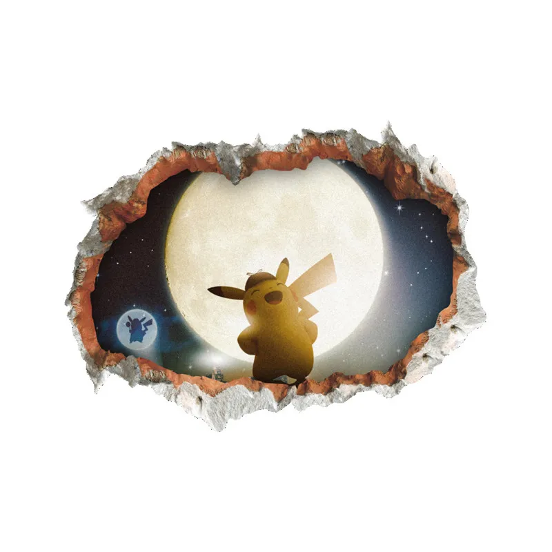

Baby Pikachu game poster stickers Pokemon 3d broken wall vinyl mural kids rooms nursery decoration cartoon wallpaper 60*45cm