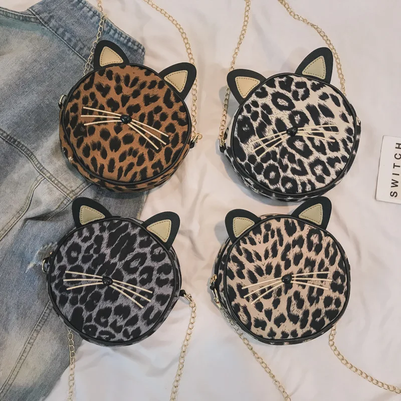 

Fashion Women Leopard Print Small Round Bag Messenger Bag Cute Cat Ear Crossbody Bags Women Designers Chain Shoulder Bags Girls