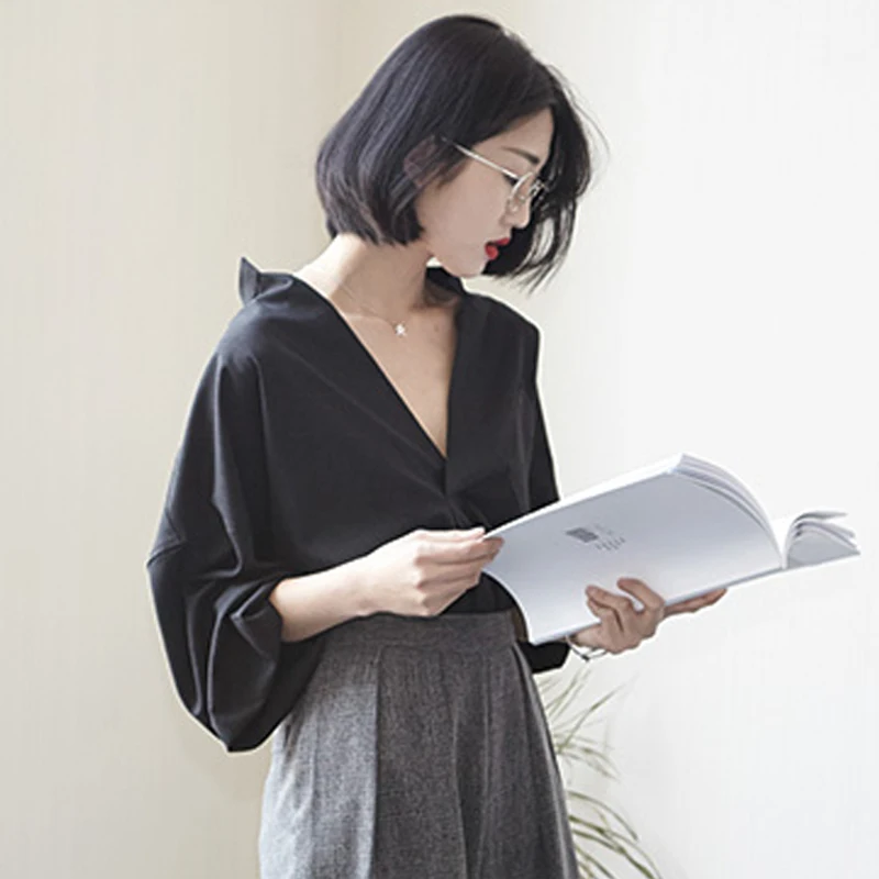 CHICEVER осенние женские футболки для женщин топ с рукавом летучая мышь свободные пуловеры с v-образным вырезом Chfffon футболка одежда мода корейский