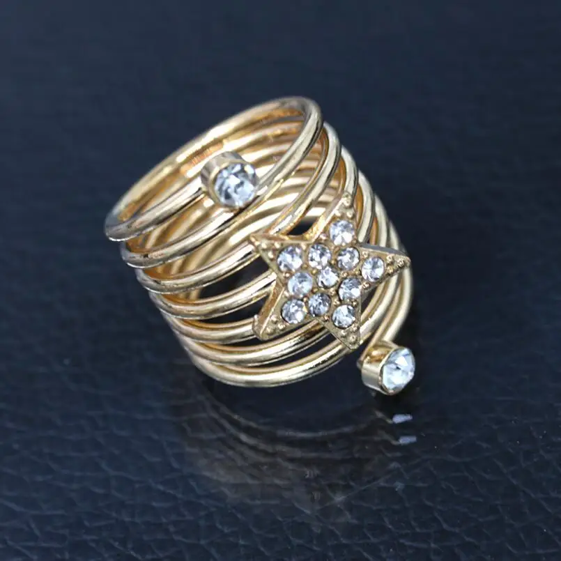 Золотое серебро элегантный горный хрусталь пентаграмма Звезда Любовь Спираль Весна палец кольцо женские модные большие кольца массивные Панк ювелирные изделия