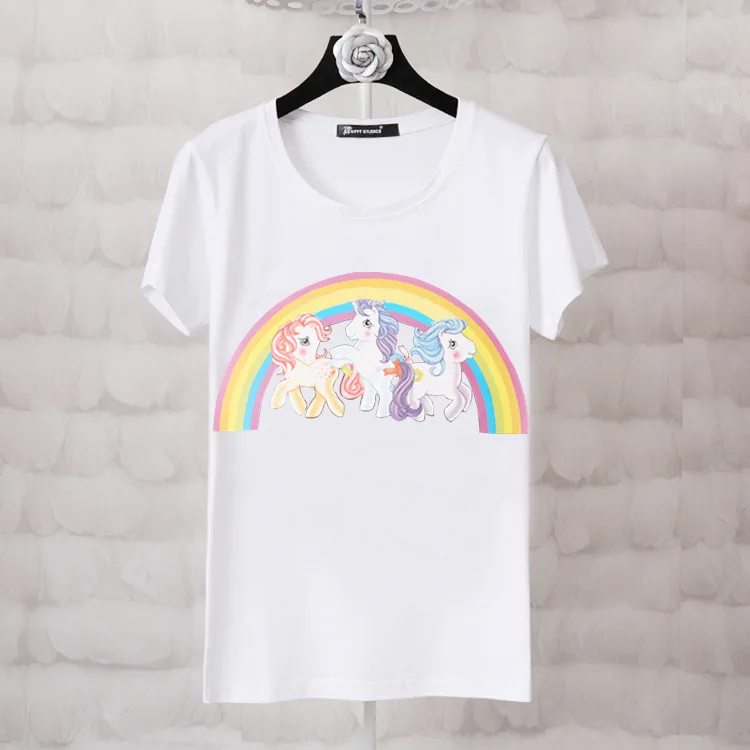 

New Arrival Colorful Horses Printed Tee Shirt Femme Lycra Cotton Slim Short Sleeve T Shirts Women 2019 Summer Streetwear 8013zm