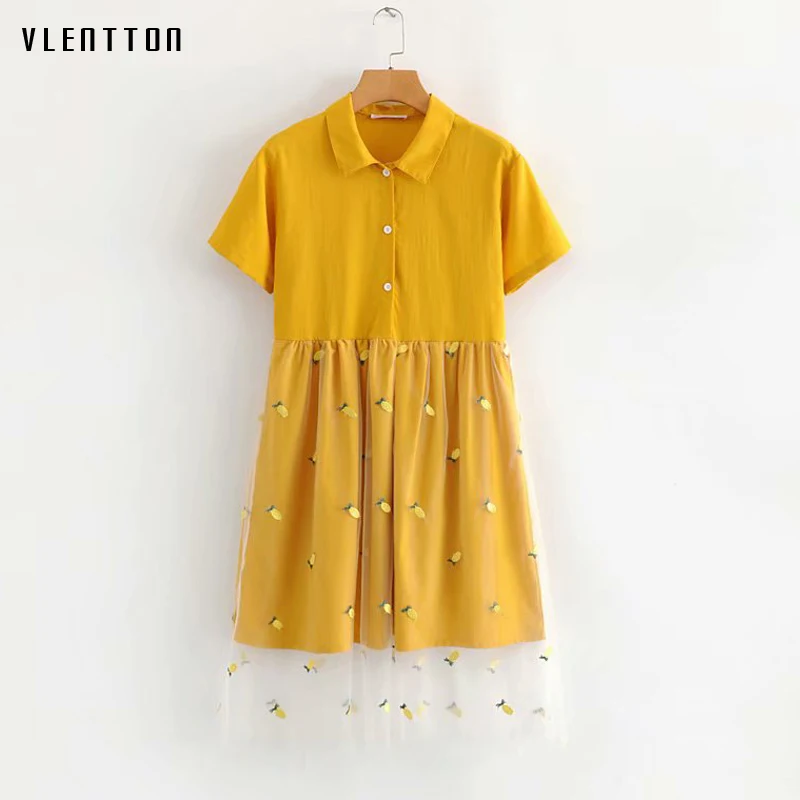 

Summer Sexy Yellow Mesh Mini Shirt Dresses Women's Embroidery Short sleeve High waist A-Line Beach Dress Vestidos Robe Femme
