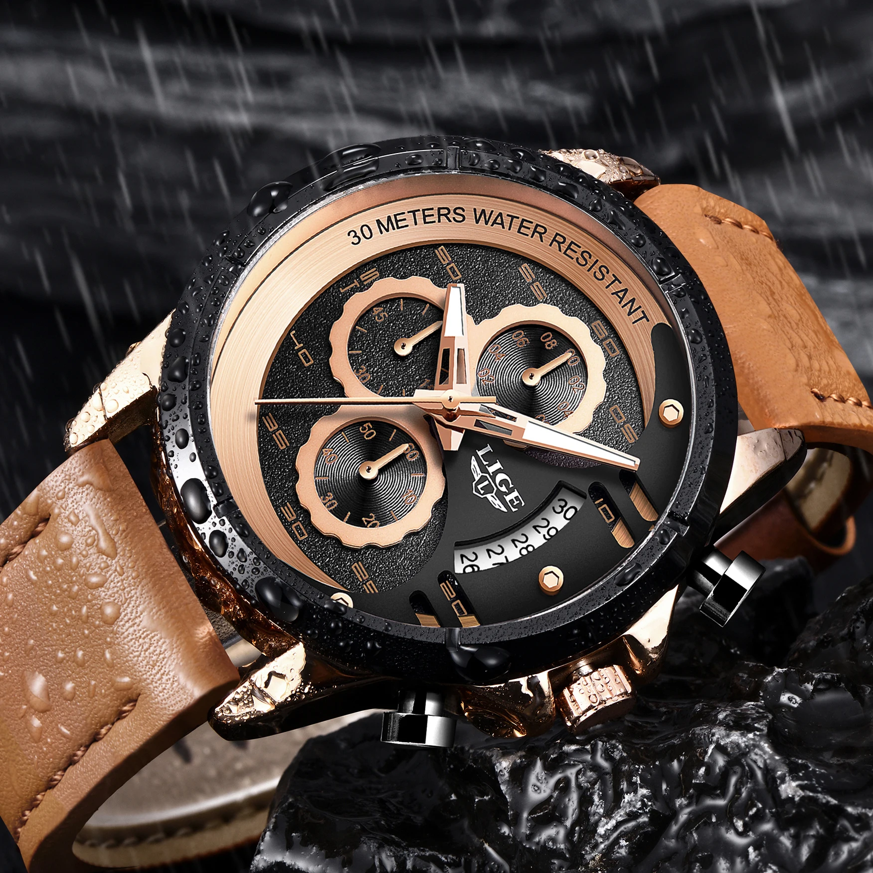 LIGE Mens Watches Top Brand Luxury Quartz Gold Watch Men Casual Leather Military Waterproof Sport W