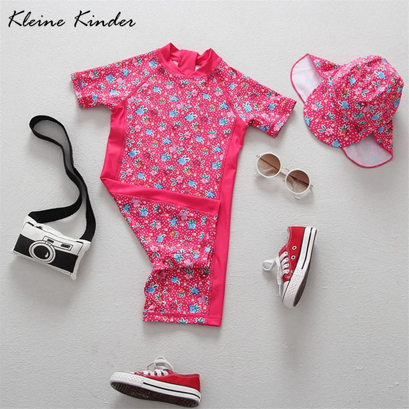Children's Swimwear Bathing Clothes Girls Floral Print UV 50 Sun Protection One Piece Infant Baby Swimsuits With Hat Beachwear | Детская
