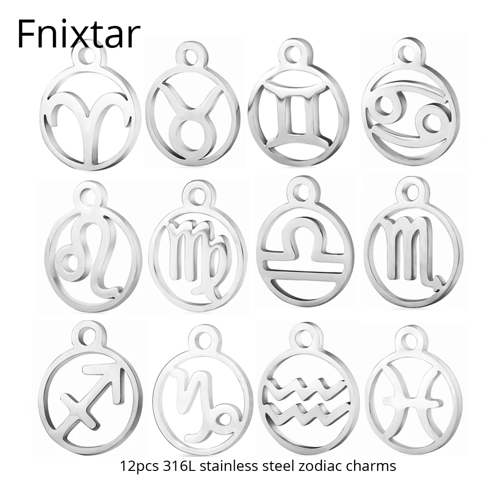 

Fnixtar New Stainless Steel 12 Zodiac Metal Charms DIY Constellation For Women Bracelet Making DIY Handmade Mini Charm 12pcs/lot