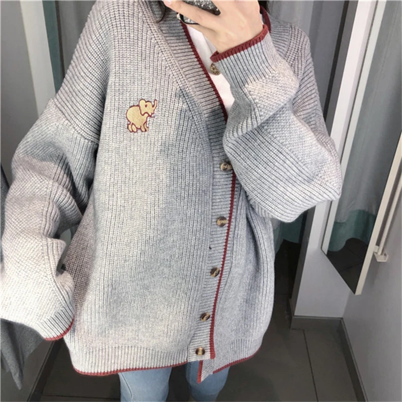 Autumn Winter Korean V-neck Cardigans Sweater Casual Embroidery Women Long Sleeve Button Knitted Coat Loose Sweater Outwear