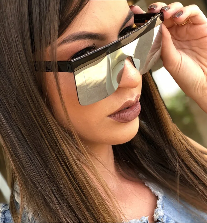 

Male Flat Top Fashion Outdoor Silver Mirror Oversized Sunglasses Women Brand Designer Men One Piece Lens Goggle UV400