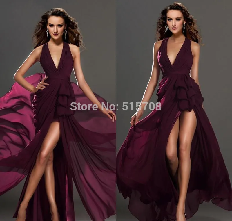 2014 Gorgeous Prom Dresses Sexy Wine Red Deep V Neck Floor Length Split Front Draped Chiffon Evening Party |