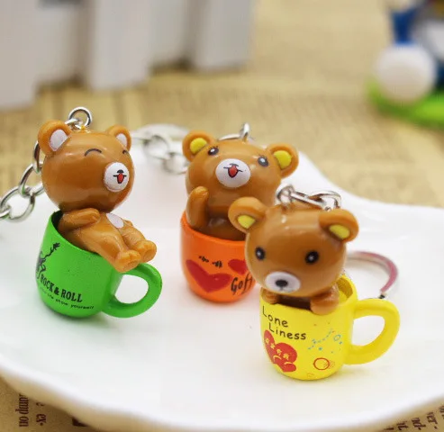

pcs/lot Kawaii Cartoon Animal Action Figure Pendant Key chain PVC Bear and Cup Keychain For Women Girls Gifts Car Bags Keyring