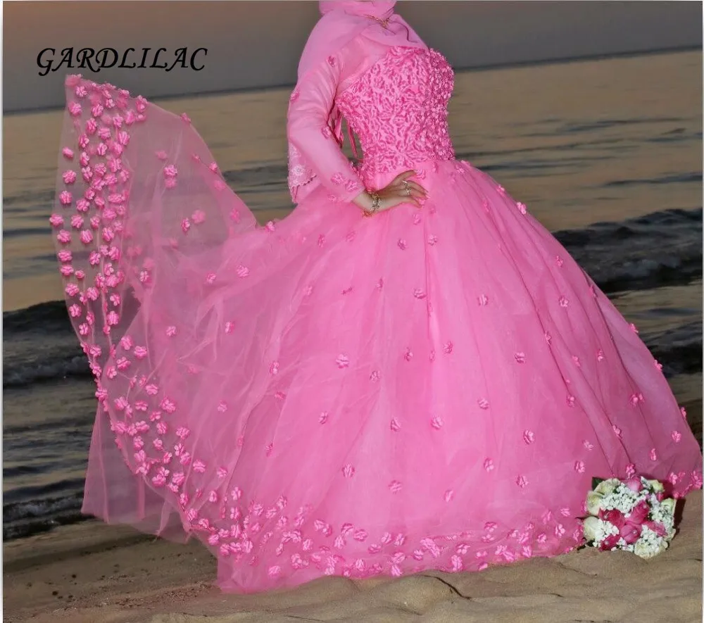 

Hot Sale Long Sleeve Hot Pink Ball Gown Quinceanera Dresses 2019 Long Prom Gown Puffy Sweet 16 Dress For 15 Years
