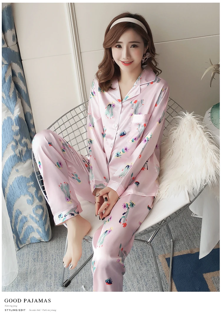 2018 Осень Высокое качество шелковый атлас Pajama наборы для Для женщин с длинными рукавами Домашняя одежда Пижама женский Lounge Пижама домашняя