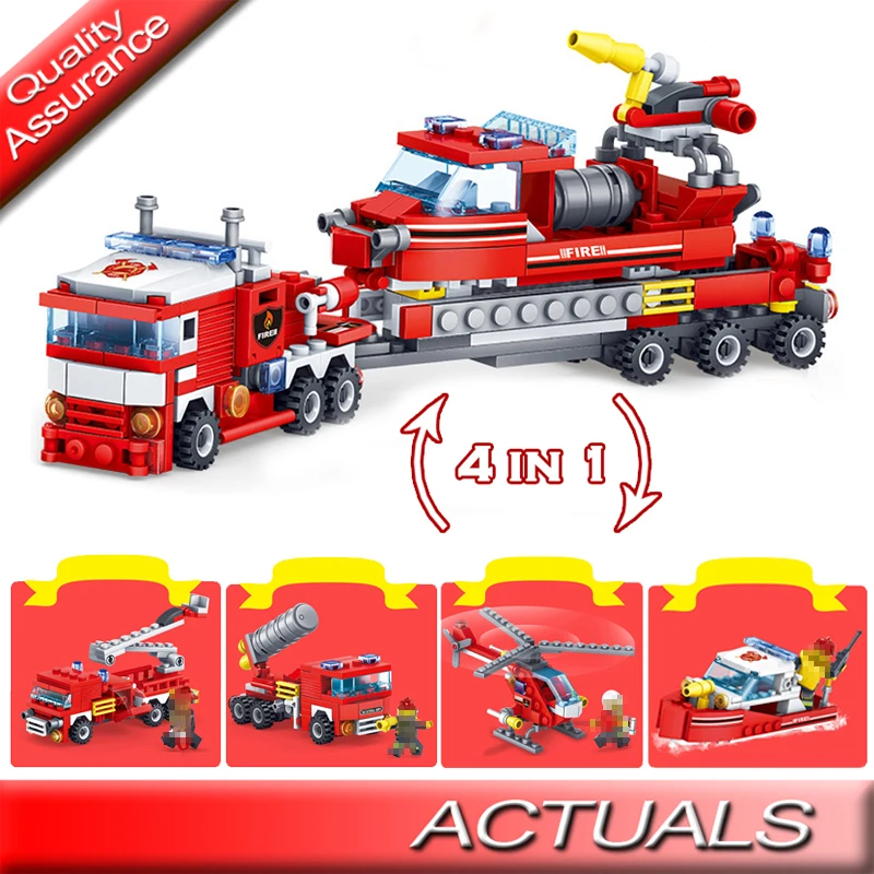 

Technic 348pcs Fire Fighting 4in1 Trucks Car Helicopter Boat Building Blocks Bricks Plane Ship DIY Toys