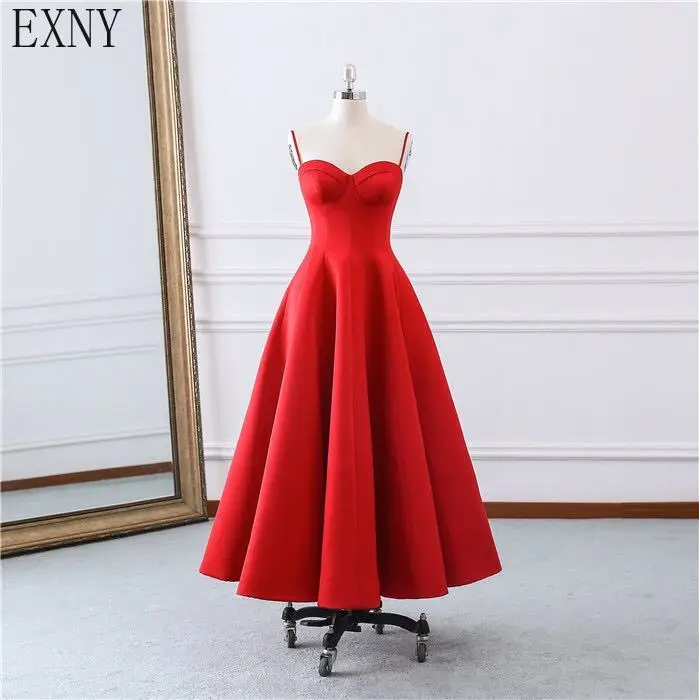 

EXNY Cheap Vintage Tea Length Prom Dresses 2019 Spaghetti Straps Sweerheart Red Satin Party Gowns Custom Made