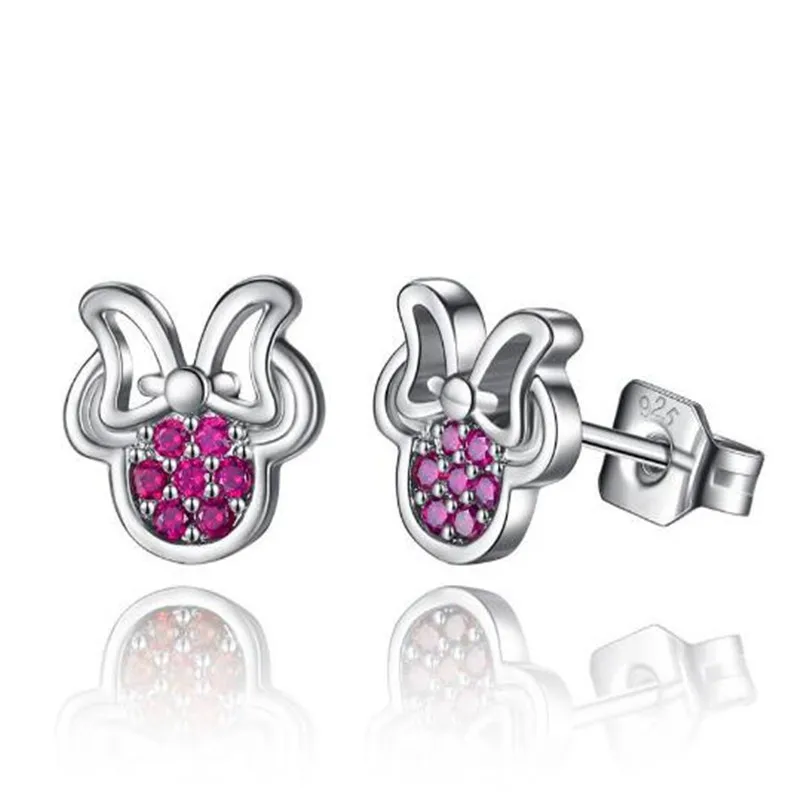 

2018 Presents 100% 925 Sterling Silver Dark Pink Cute Mouse Shape Stud Earring Sparkling Minnie Fashion Jewelry