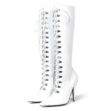 

Fashion black/red/white solid bright surface pointed toe high heel long boots for women ladies lace-up thin heel knee-high boots
