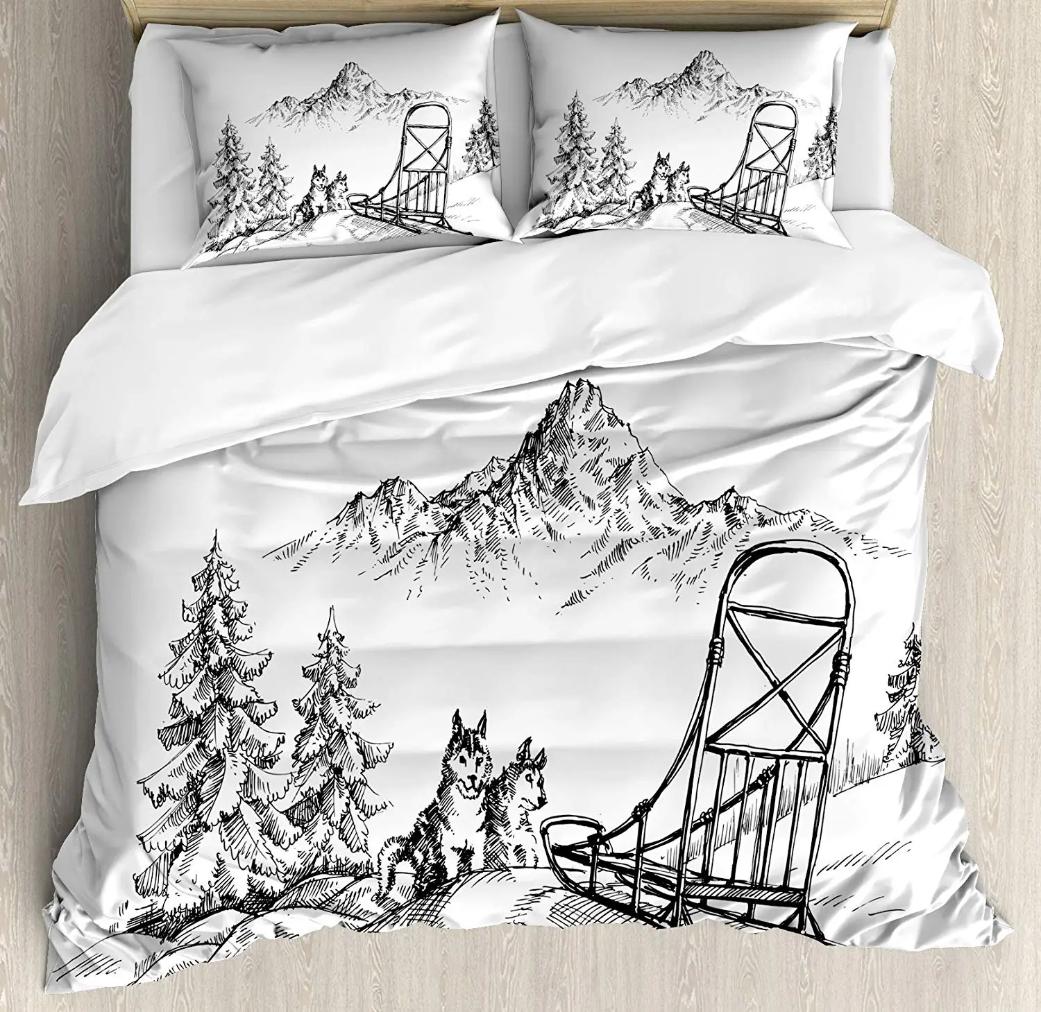 

Alaskan Malamute Duvet Cover Set King Size Mountain Lscape in Winter Sledding Dogs Pine Trees Wilderness Art Bedding Set White