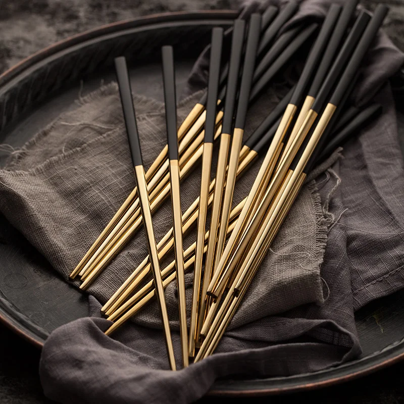 5 Pairs Black Gold Japanese Chopstick Stainless Steel Korean Kitchen Chop Sticks 