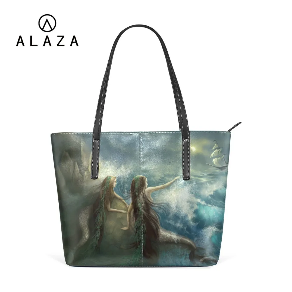 

ALAZA NEW PU Leather Shoulder Bag Mermaid Fish Print With Thin Strap Handbag Big Capacity Dream World Tote Bag For Women