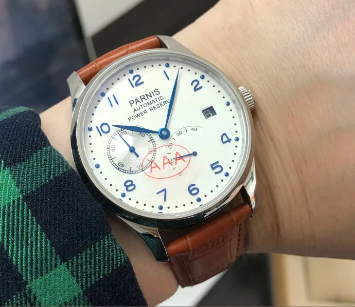 

Sapphire crystal 43mm PARNIS White dial power reserve Automatic Self-Wind Mechanical movement Auto Date men's watch pa107-p8