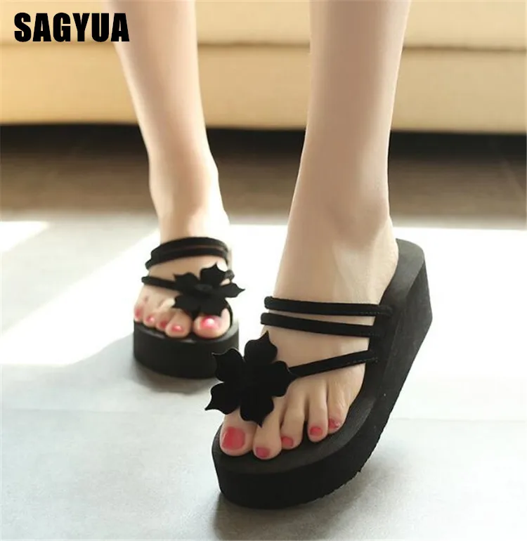 

2019 fashion Clip toe Wedge slippers summer Thick bottom Women Non-slip High heel Casual shoes Female Beach sandals Flower A427