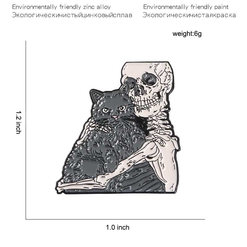 Скелет Череп обнимающий Темный Кот эмалированный лацкан булавка панк готический Хэллоуин булавки рюкзак с нашивками джинсовые куртки Брошь для женщин и мужчин