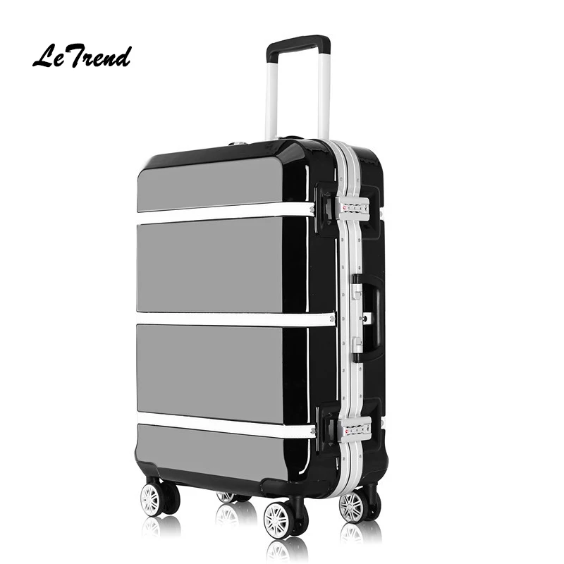 

Letrend Retro Black Aluminium Frame Spinner Rolling Luggage Cabin Suitcases Wheels Vintage Trolley Men Carry On Travel Bag Trunk