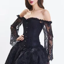 Sexy Black Floral Lace Flare Sleeve Ruffle Off Shoulder Strapless Gothic Corset Top Steampunk Clothes Victorian Bustier Lingerie ruffle trim flare sleeve top