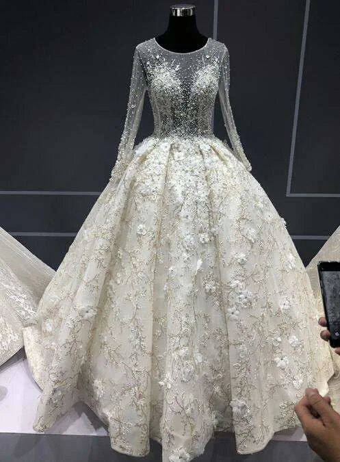 CloverBridal дорогой достойный слоновой кости Иллюзия с длинным рукавом длина пола камни жемчуг Цветы Роскошные свадебные платья