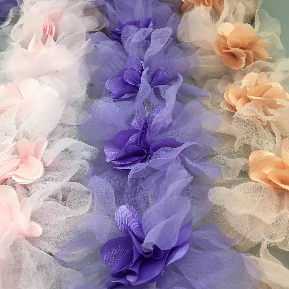 GXINUG 1 ярд Многоцветный 3D шифон кластер Цветы бахрома кружевная отделка Лента ткань шитье органза Аппликация платье аксессуары