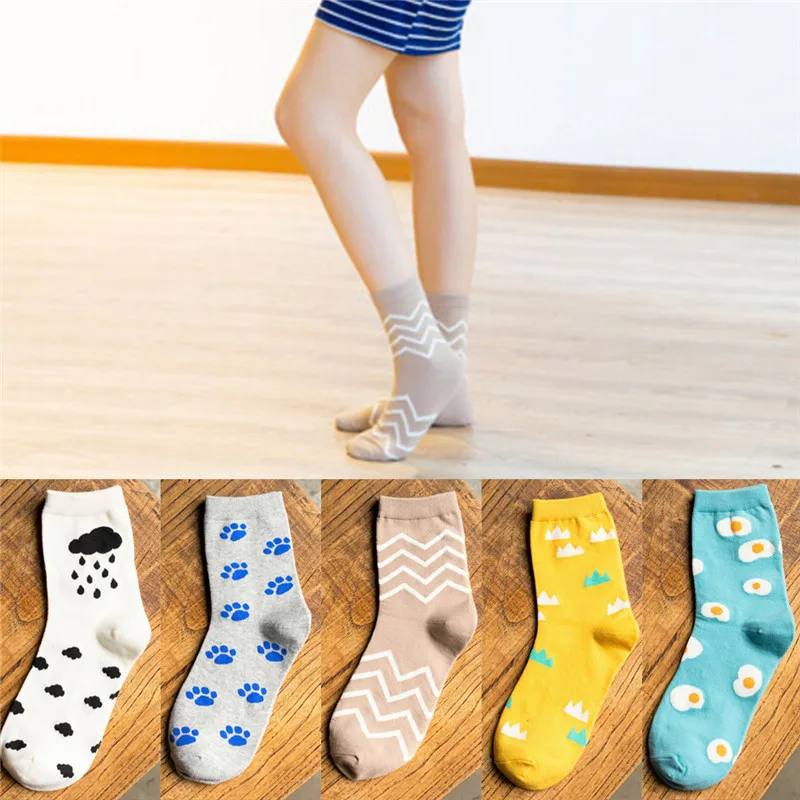 1Pair Funny Happy Art Poached Egg Stripes Cloud Mountain Pattern Cotton Socks Cartoon Footprint Women Socks