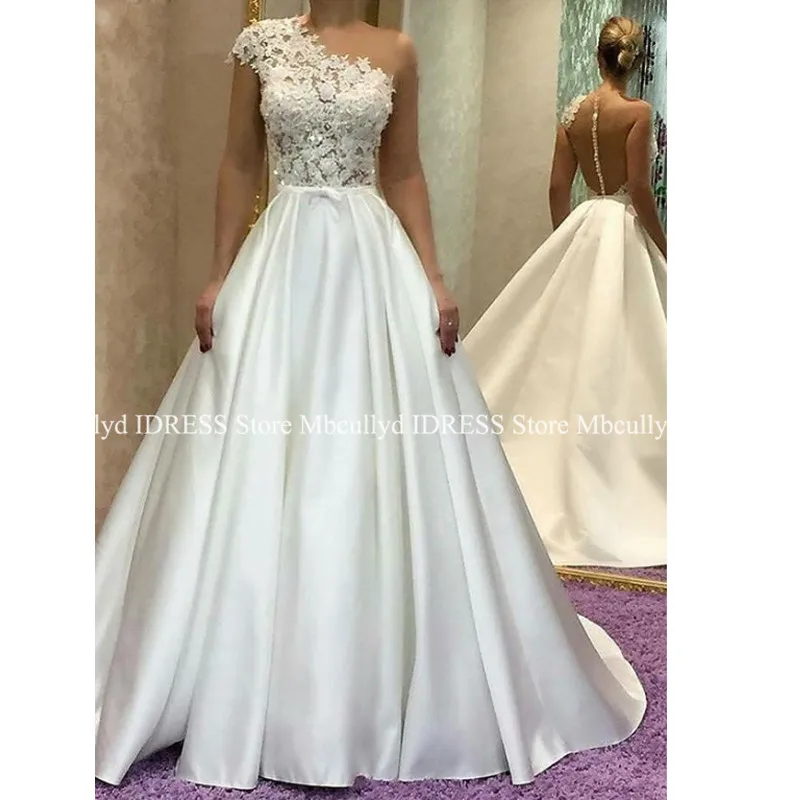 

Vestidos De Noiva 2019 Elegant Applique Lace Long Wedding Dress Sexy One Shoulder White Princess Satin Wedding Gowns Mariage