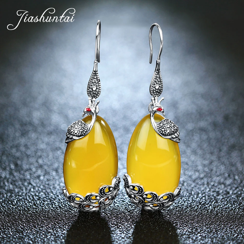 

JIASHUNTAI Retro 100% 925 Sterling Silver Earrings For Women Vintage Natural Yellow Chalcedony Gemstone Earrings Jewelry Female