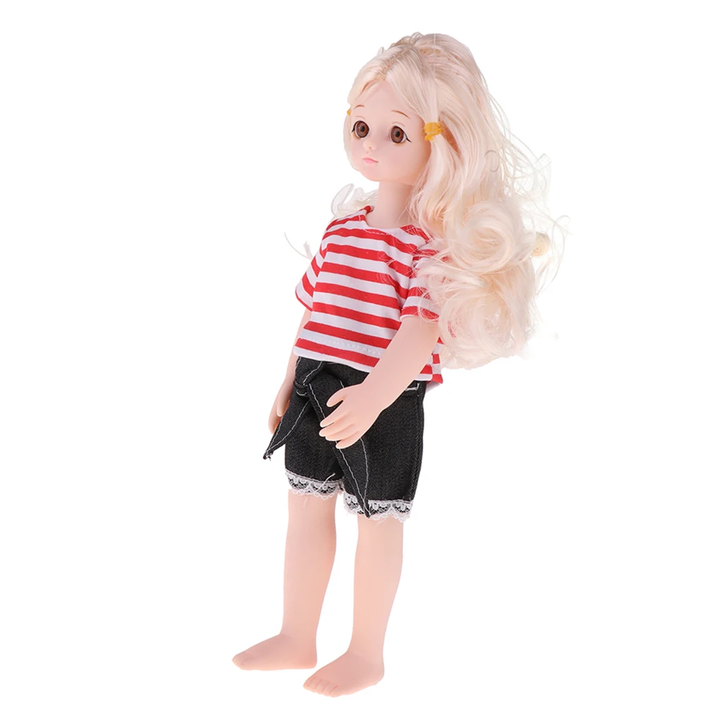 Lovely 14inch Soft Vinyl Flexible Jointed Doll Princess Girl Doll Blonde Hair Glass Eyes in Striped T-shirt and Short Pants