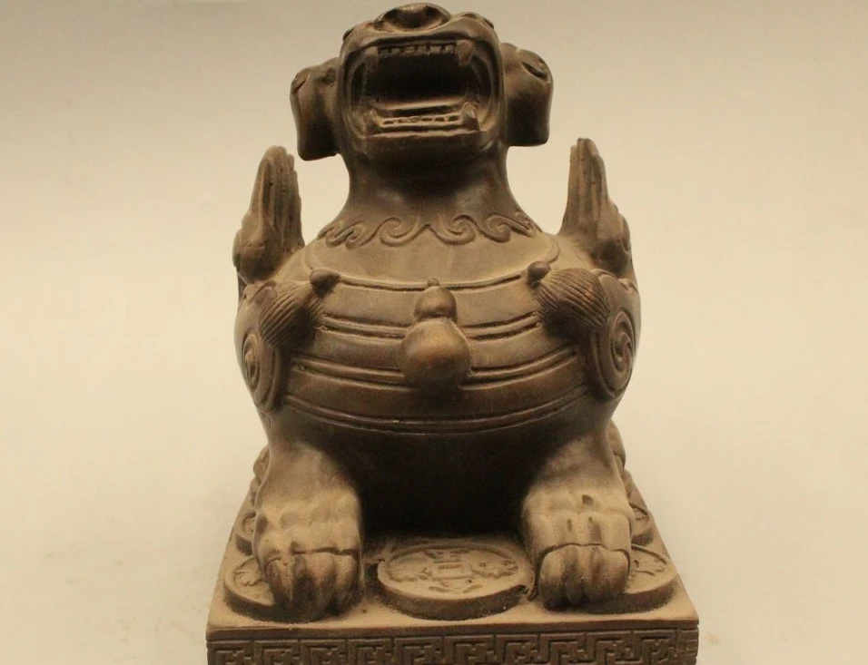 

7" Chinese Pure Bronze Wealth Unicorn Beast Fly Pi Xiu Exorcise evil spirits Sta