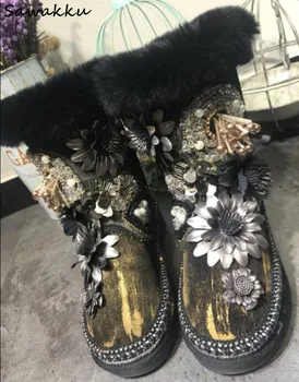 

Colorful Bead Crystal Flower Decor Shoes Woman Suede Leather Platform Winter Snow Boots Handmade Warm Fur Pearl Knee High Boots