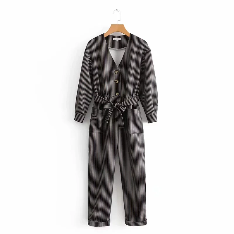 

Elegant Sexy Jumpsuits Women Long Sleeve Striped Jumpsuit Adjustable Belt Rompers Holiday Belted Leotard Overalls macacao femme
