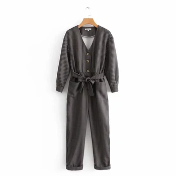 

Elegant Sexy Jumpsuits Women Long Sleeve Striped Jumpsuit Adjustable Belt Rompers Holiday Belted Leotard Overalls macacao femme