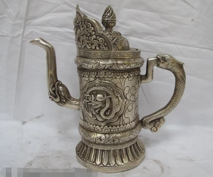 

Tibet Classical White Bronze Silver Dragon Tea Pot flagon Flagon statue